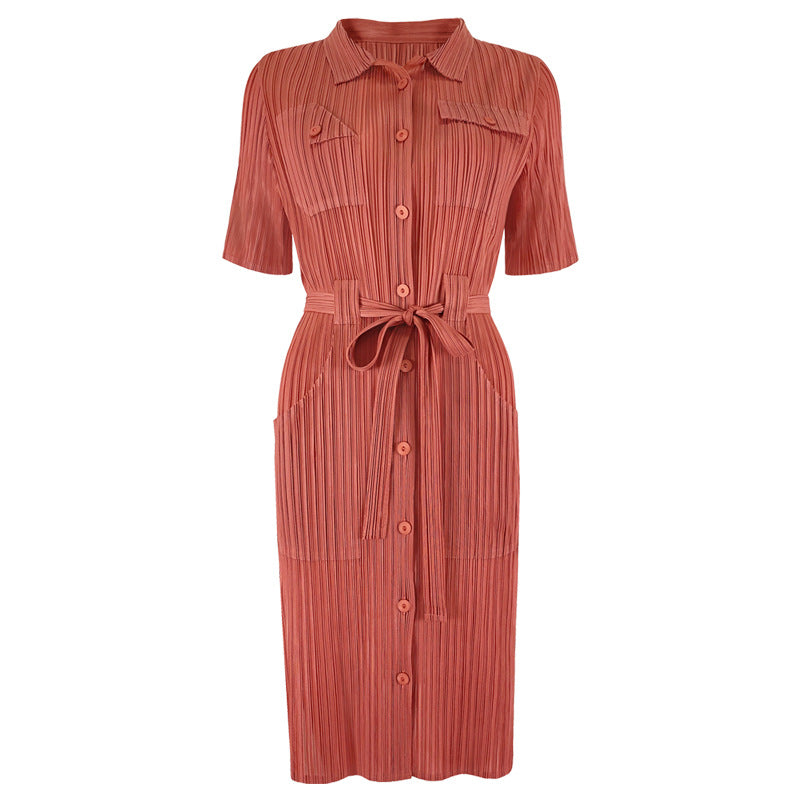 Large size dress 2025 spring new clothing slim high waist solid color pleated lapel medium and long wholesale women's clothing