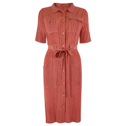 Large size dress 2025 spring new clothing slim high waist solid color pleated lapel medium and long wholesale women's clothing