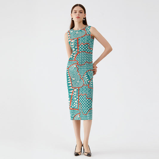 2025 summer new niche personality geometric women's clothing medium and long slim temperament Miyake bottoming dress women's models