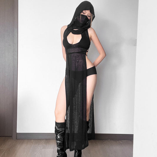 2025 style popular winter new women's clothing fashionable and sexy solid color hooded sleeveless high split dress