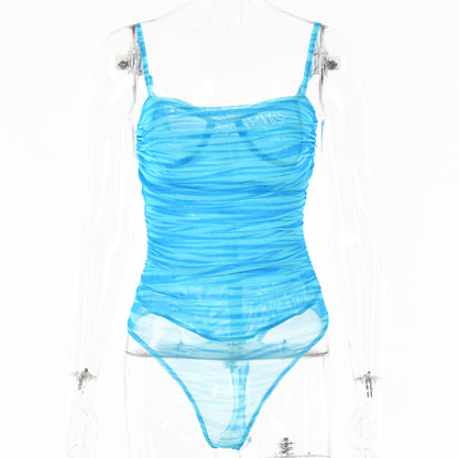 2025  style INS summer new onesie women's solid color fashionable and sexy suspender backless double-layer mesh bottoming shirt