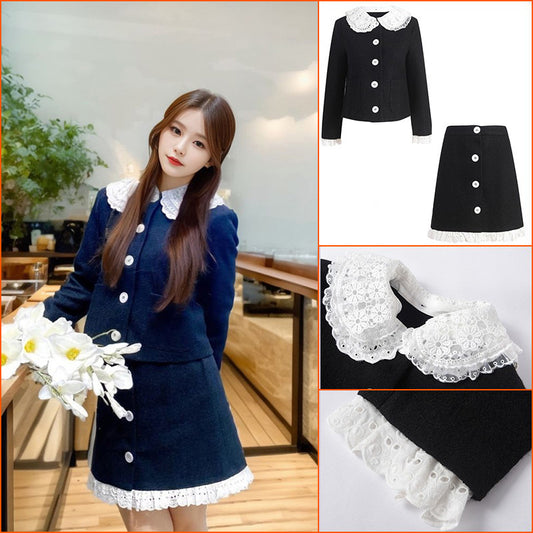 Celebrity Style  Lace Suit Jacket A-shaped Skirt Autumn and Winter popular New Product Set Women's Two-piece Set