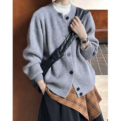 2025 popular autumn new knitted jacket Korean version crew neck single-row button lazy wind knitted sweater 302-1
