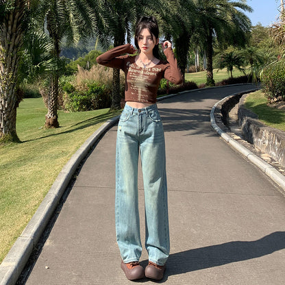 2025 Light blue retro blue black ripped jeans women's high waist and thin design sense straight narrow version loose wide-leg pants