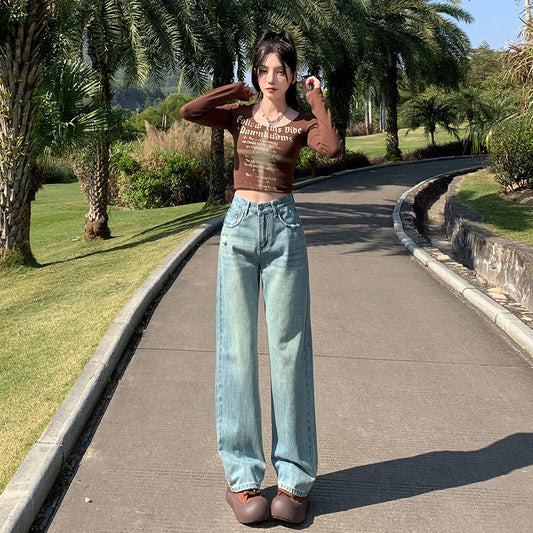 2025 Light blue retro blue black ripped jeans women's high waist and thin design sense straight narrow version loose wide-leg pants