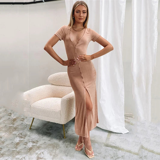 2025  women's clothing new nightclub women's clothing short-sleeved celebrity evening dress long V-neck solid color cardigan dress
