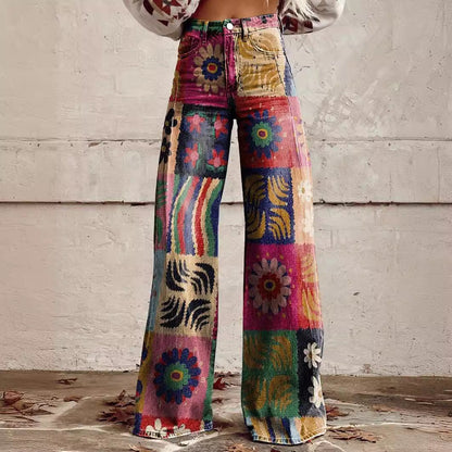qgtao pants Rainbow Women's Wide-Leg Pants New Thermal Transfer plus Size Flared Pants Women's Trousers