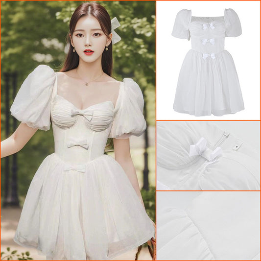 white dress women's 24 summer new small square neck bow temperament dress dress L4040