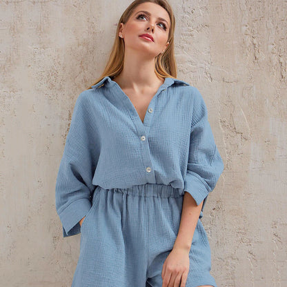 2025 Spring popular new women's clothing shirt shorts two-piece set commuting temperament small fragrant style pure cotton fashion suit women