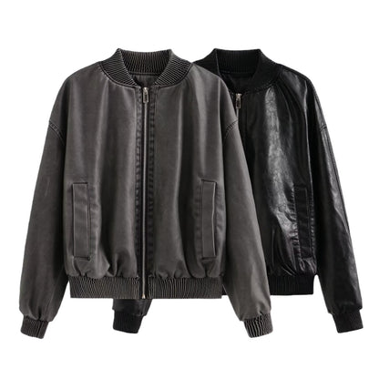 qgtao barn jacket outfits Autumn New Y2k Women's Washed Distressed Effect Pilot Jacket Coat PU Leather Coat