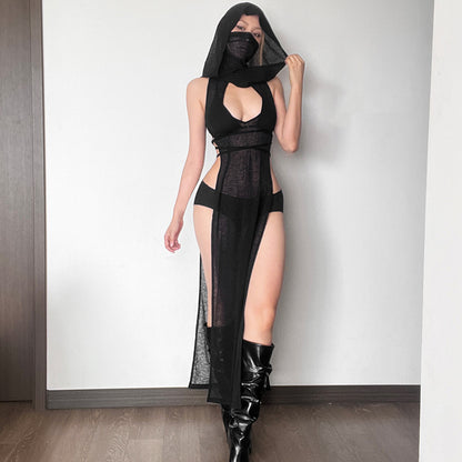 2025 style popular winter new women's clothing fashionable and sexy solid color hooded sleeveless high split dress
