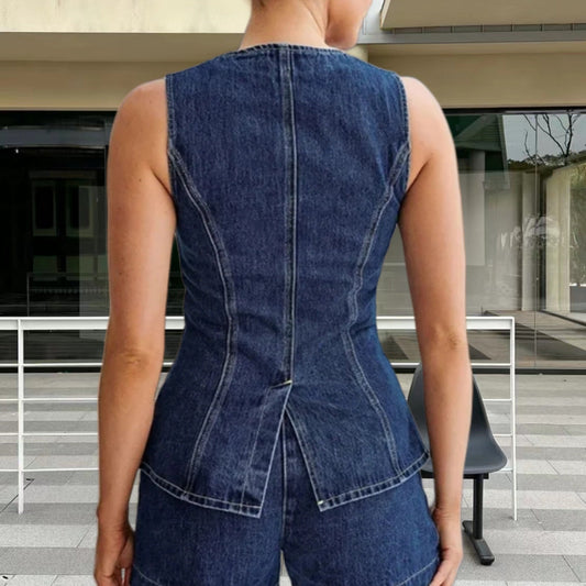 qgtao outfit inspo 2024 New Fashion Casual Single-Breasted Sleeveless Top High Waist Shorts Denim Suit