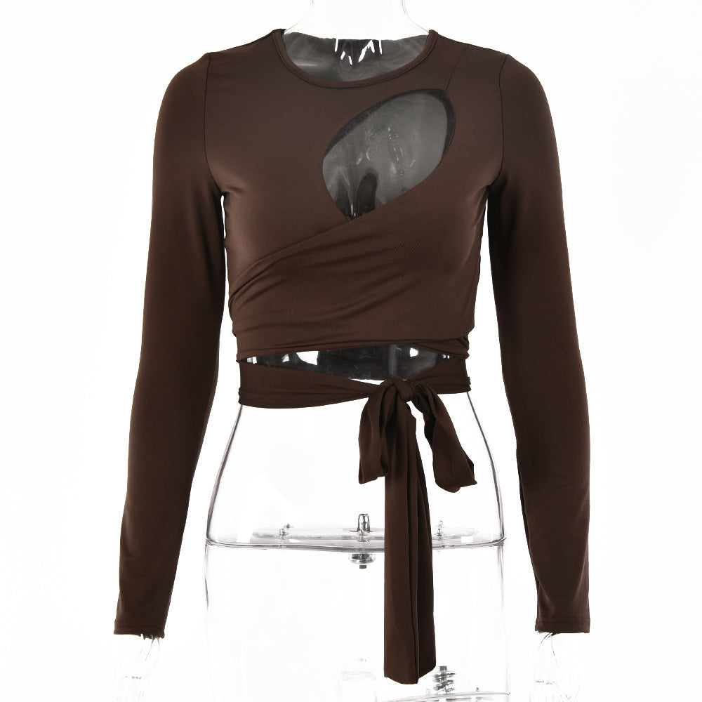 2025  style ins hot-selling women's clothing summer new sexy open-button top, light hollow chest wrapping strap crew neck T-shirt