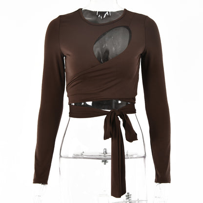 2025  style ins hot-selling women's clothing summer new sexy open-button top, light hollow chest wrapping strap crew neck T-shirt