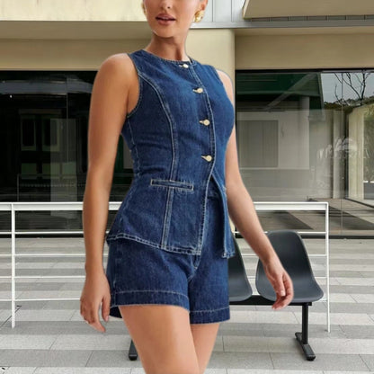 qgtao outfit inspo 2024 New Fashion Casual Single-Breasted Sleeveless Top High Waist Shorts Denim Suit