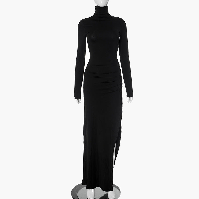 qgtao old money outfits men Women's Autumn Elegant Turtleneck Long Sleeve Slim High Waist Pleated Slit Length Dress