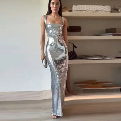 qgtao birthday outfit Fashionable Women's Sling Backless Sequined Long Dress