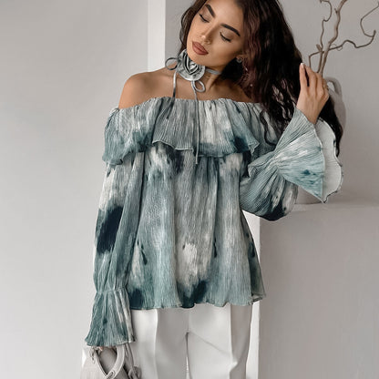 2025 Spring and summer fashion national style flower casual printing crepe one-word collar shirt  lace-up loose horn sleeve top