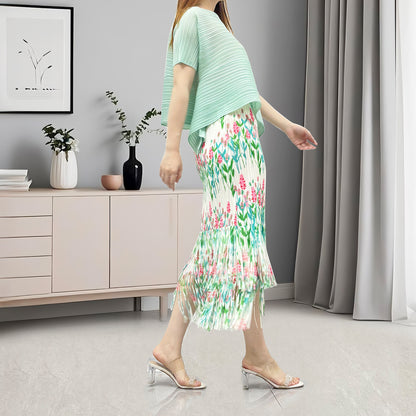 2025 new women's clothing summer suit high-end temperament short-sleeved T-shirt fringed hip skirt two-piece trendy