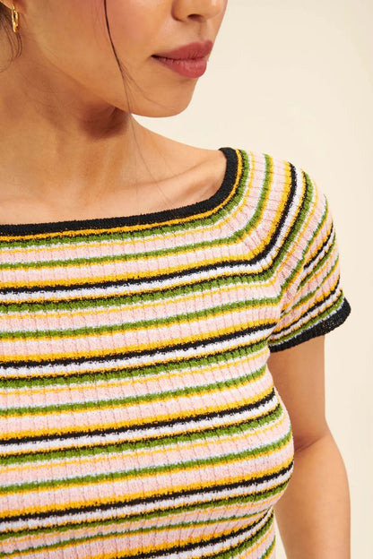 2025 RO knitted short-sleeved t-shirt high quality classic striped round neck knitted short-sleeved short t-shirt women's top women's summer thin