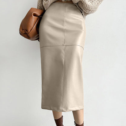 2025 Autumn and winter retro classic khaki velvet matte temperament thin PU leather high waist casual split skirt women