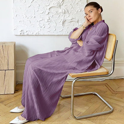 2025 popular autumn and winter new long-sleeved lapel pleated shirt women's wide-leg mopping floor drape pleated trousers set solid color