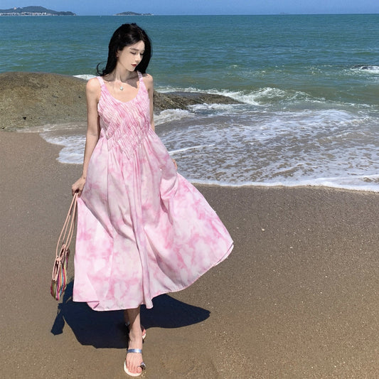 2025 Pink ink smudge printing suspender dress women's summer long and thin high-end seaside vacation skirt