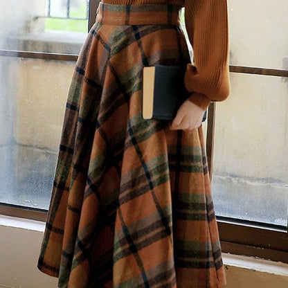 qgtao skater boy outfits Half Turtleneck Brown Lantern Long Sleeve Sweater + Plaid Woolen Skirt Suit Retro Two-Piece Set