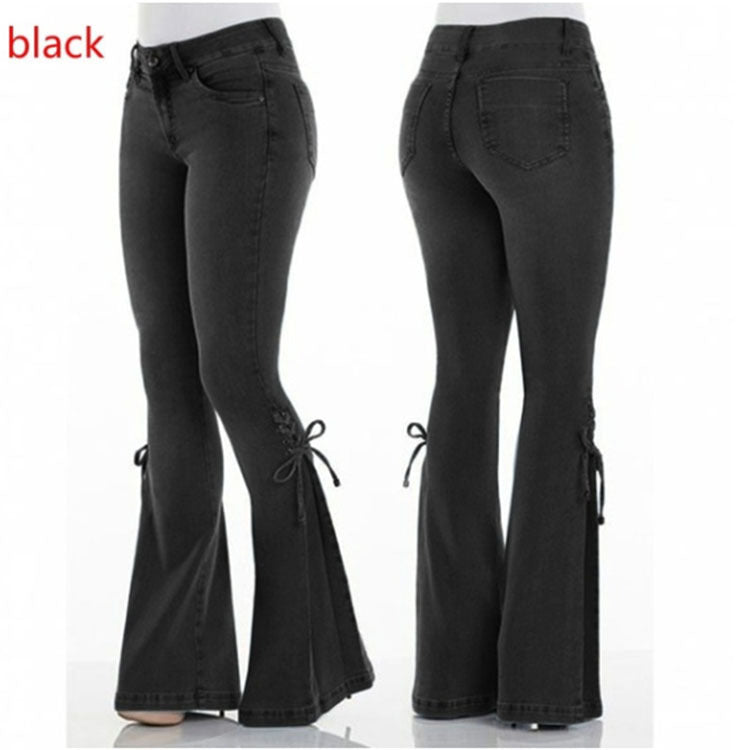 qgtao dream clothes Women's Jeans Mid-Waist Lace-up Denim Trousers Stretch Jeans Women's Flared Pants