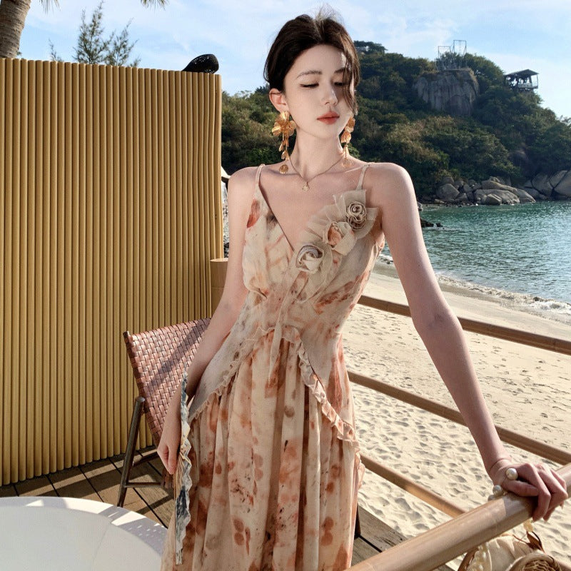 2025 Handmade three-dimensional flower tie-dye chiffon suspender dress summer  retro waist pendulum vacation photo dress