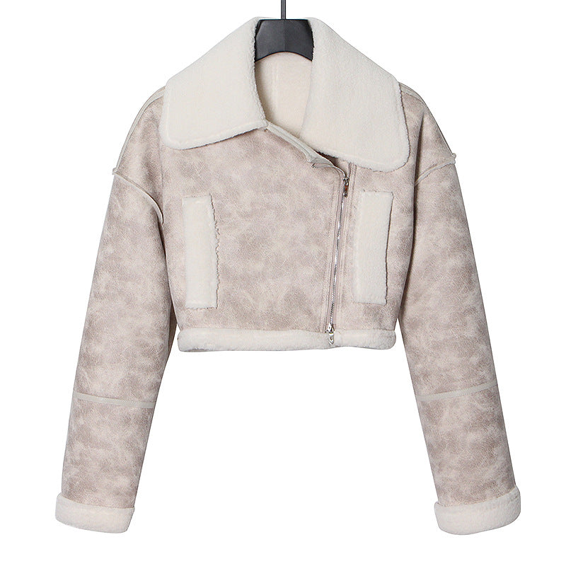 qgtao dti outfits Fashionable Short Woolen Coat 2024 Spring New Lapel Long Sleeve Zipper Women's Warm Lamb Wool Top