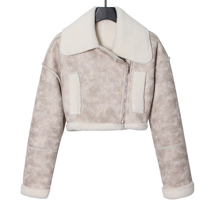 qgtao dti outfits Fashionable Short Woolen Coat 2024 Spring New Lapel Long Sleeve Zipper Women's Warm Lamb Wool Top