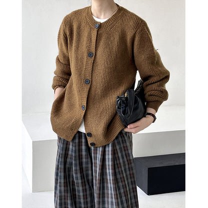 2025 popular autumn new knitted jacket Korean version crew neck single-row button lazy wind knitted sweater 302-1
