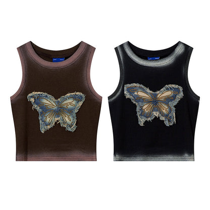 qgtao 2000s fashion Tkpa American Hot Girl Style U-Neck Camisole Women's Summer Butterfly Patch Embroidered Retro Vest