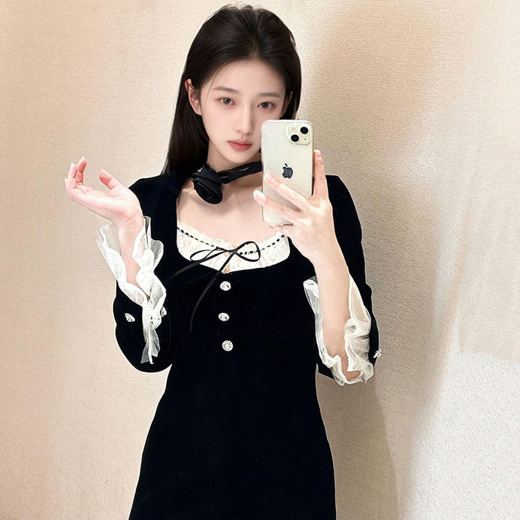 Premium super good-looking velvet dress autumn  new cuff splicing lace medium and long skirt M9170