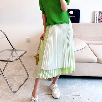 versatile a-word thin skirt women's spring and summer fashion high-end contrasting colors irregular pleated umbrella skirt pleated skirt