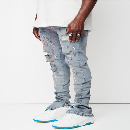 2025 Wish 2025 new men's slim-fitting ripped pants new men's paint jeans factory direct sales