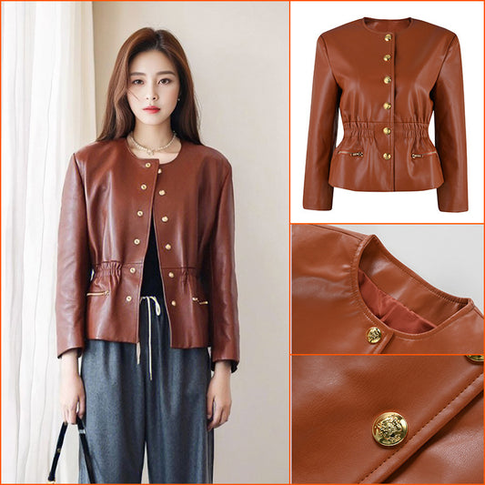 autumn and winter new  retro brown leather jacket women's fashion short waist locomotive PU leather jacket K9003