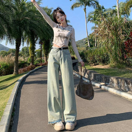 2025 Light blue jeans women's new high-waisted and thin design in the summer of popular, small mopping straight wide-leg pants