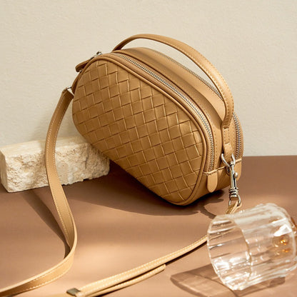 2025 Fashion woven versatile women's bag leather double zipper shoulder bag  summer new portable casual bag