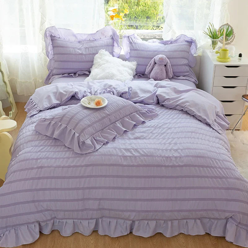 Yeknu Purple Princess Bedding Set Duvet Cover Pillowcase Linens Twin Queen King Bed Sheet Set Luxury Solid Color Woman Girl Kawaii Set