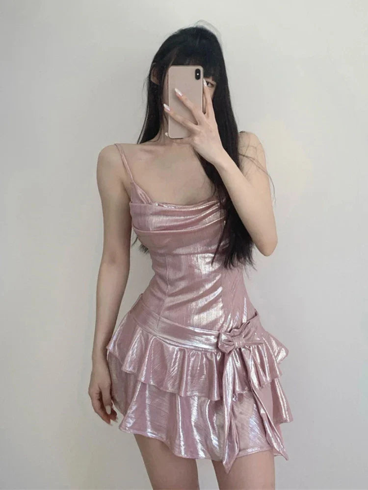 qgtao Summer Pink Strap Kawaii Dress Women Backless Elegant Vintage Party Mini Dress Female Bow Belted Sashes Designer Dress 2023