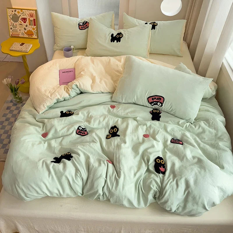 Yeknu Bedding Set Super Soft Washed Cotton Towel Embroidery Duvet Cover Four Piece Set - Lucky Cat Series