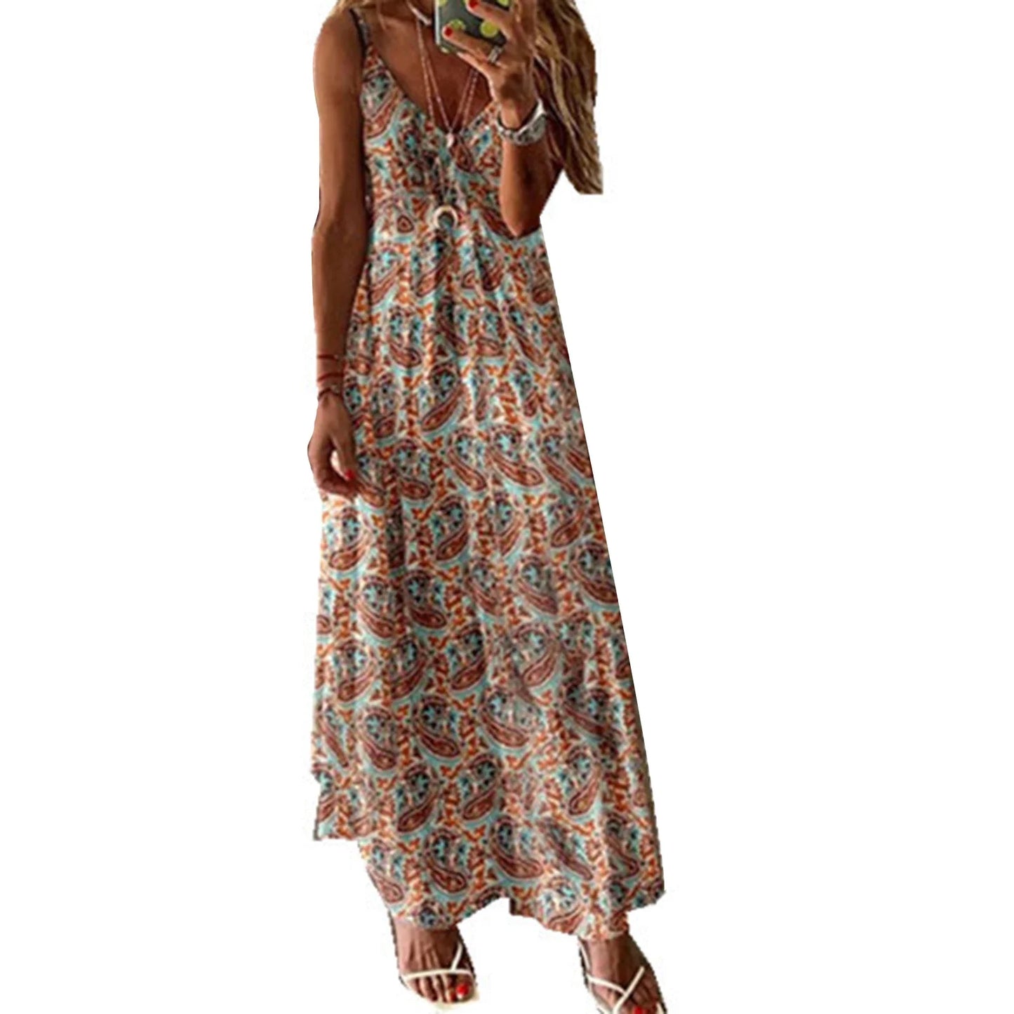 qgtao Women Boho Vintage Maxi Dress Loose Flora Print Deep V Neck High Waist Dresses Spaghetti Strap Summer Retro Vestidos Clothes