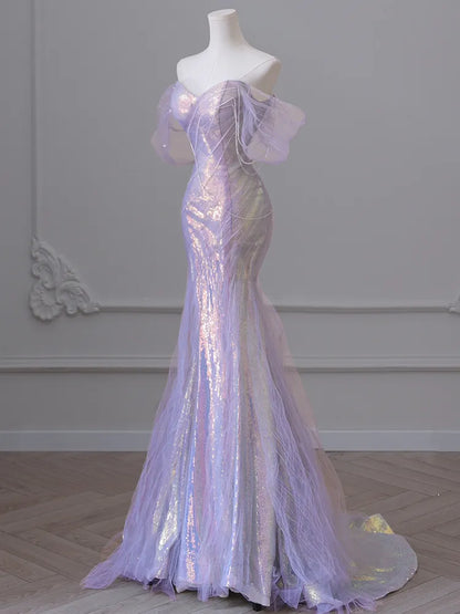 Purple Laser Sequin Beaded Mermaid Women Evening Dress with Puff Sleeves Tassel Pearls Tulle Train Prom Gown