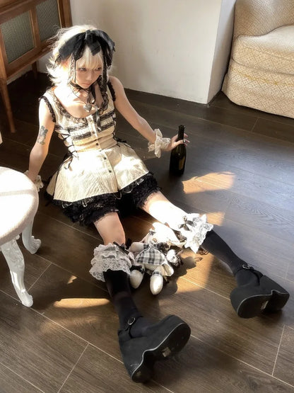 qgtao  -  Y2k Beige Button Up Blouse Women Lace Patchwork Bow Side Straps Square Neck Shirts Harajuku Streetwear Summer Goth Tops