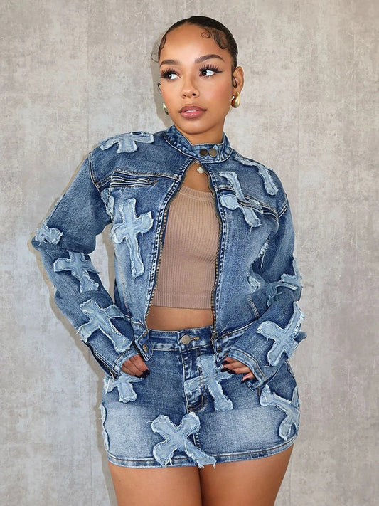 qgtao 2 Piece Denim Sets Womens Outfits Spring Long Sleeve Zipper Jacket and Mini Skirt Set Sweet Sexy Outfits