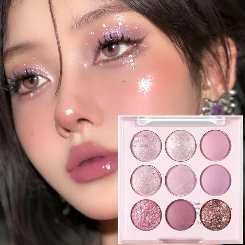 qgtao Rose Pink Purple Color Eyeshadow Palette 9 Colors Pearlescent Matte Glitter Eyeshadow Palette Shiny Eye Korean Makeup Pigments