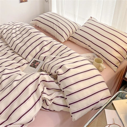 Yeknu Pure Cotton Home Textile Blue Striped Bedding Set Simple Soft Duvet Cover Sheet Pillowcase Ins Style Bed Linens Queen King Size