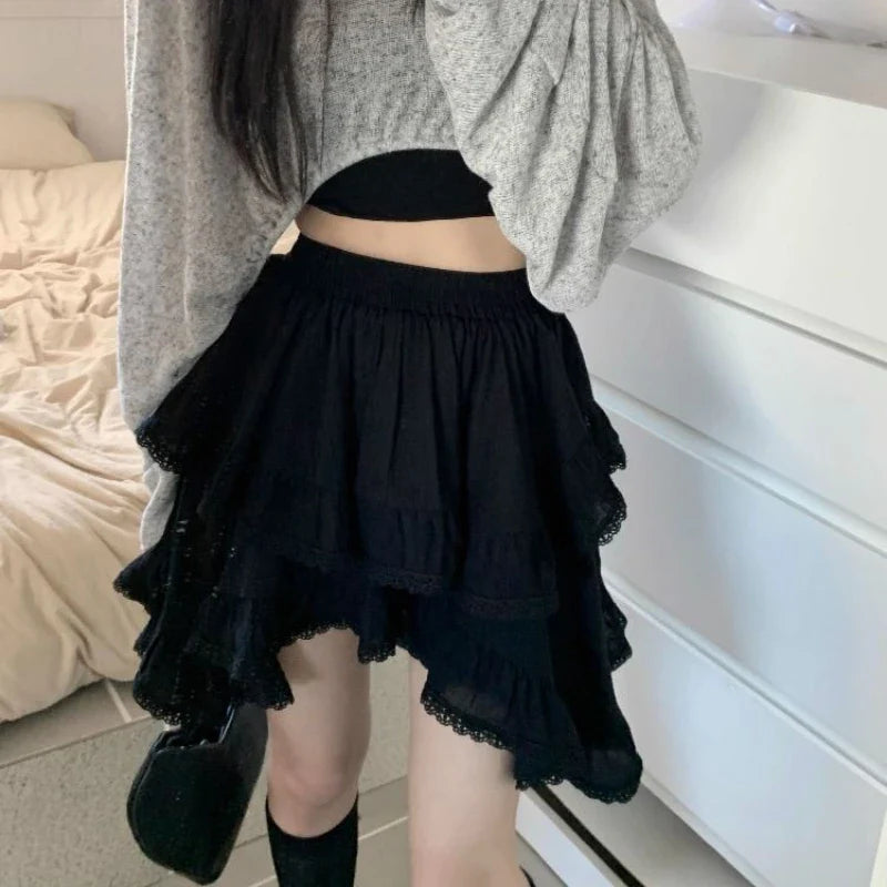 qgtao Ruffles Kawaii Women Mini Skirt Japanese Style Irregular Sweet Lace White Patchwork Elegant Casual Black Short Skirt